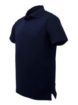A navy blue unisex polo shirt with a collar and three buttons, featuring a logo on the chest.