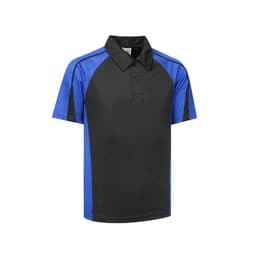 A black and blue polo shirt with a buttoned collar and short raglan sleeves, featuring a logo on the front.