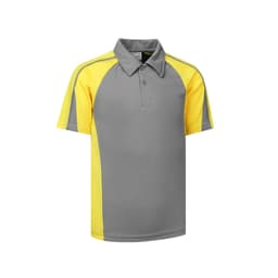 A grey and yellow polo shirt with a collar and a logo on the chest.