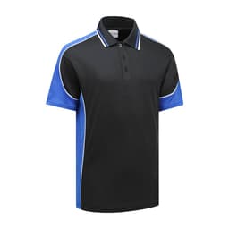 A black and blue Vertex Polo shirt featuring a collar and a logo on the chest.