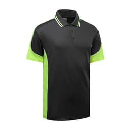 A polo shirt featuring a black body with vibrant green sleeves and trim, including a collar and buttons.