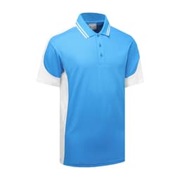 A blue and white Vertex Polo shirt featuring a classic collar and a logo on it.