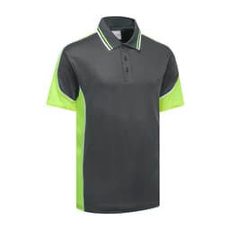 A grey polo shirt with vibrant green accents and a collar, featuring a logo on the front.