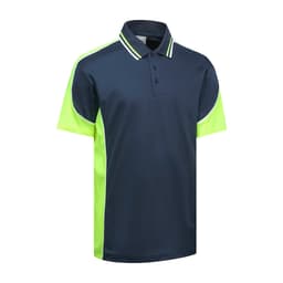 A polo shirt featuring a navy blue body with vibrant green side panels and collar accents. It has a logo on it.