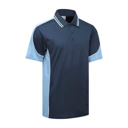 A navy blue polo shirt with light blue accents and a logo. It features a collar and three buttons.
