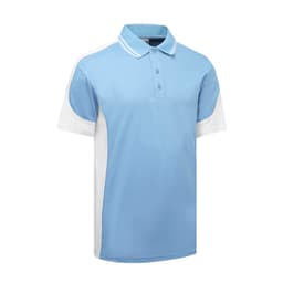 A light blue polo shirt with white accents and a collar, featuring a logo on the chest.