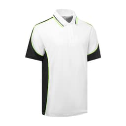 A white polo shirt with black sides and green accents, featuring a small logo on the chest.