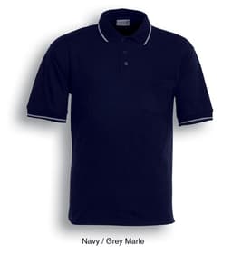 A navy polo shirt with grey marle accents and a chest pocket, featuring a logo.