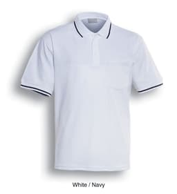 A white polo shirt with navy trim and a chest pocket, featuring a logo on the collar.