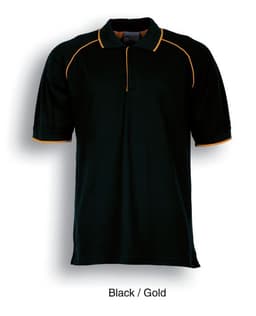 A black and gold unisex adults raglan polo shirt with a collared neck and short sleeves. It features contrasting stitching and a logo.