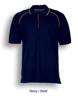 A unisex adult polo shirt in navy with gold accents and a logo on the chest.