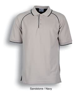 Unisex adults raglan polo in sandstone with navy accents, featuring a collar and short sleeves.