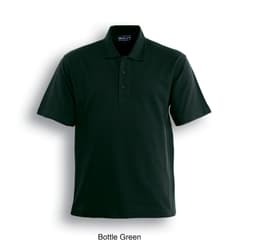 A bottle green unisex polo shirt featuring a collar and short sleeves, with a branding logo.