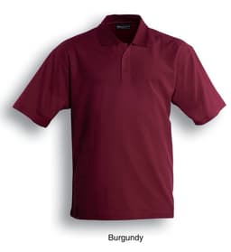 A burgundy unisex adults basic polo shirt with a collar and short sleeves, featuring a logo.