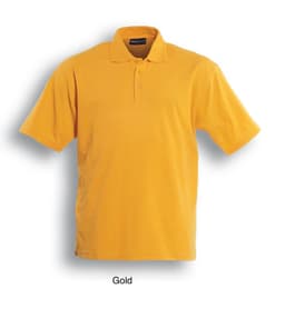 A gold unisex basic polo shirt with a collar and a logo on the neckline.