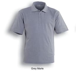 A grey marle unisex basic polo shirt with short sleeves and a collar. Features a logo on the design.
