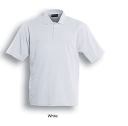 A white unisex basic polo shirt with a collar and short sleeves, featuring a logo.