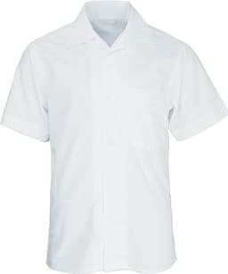 A white short sleeve school shirt featuring a pocket and a collar, with a button-up front and a small logo.