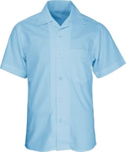 A light blue short sleeve school shirt with a button-up front and a single chest pocket, featuring a logo.