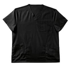 A black men's scrubs top with a V-neck and multiple pockets. The top features short sleeves and a logo.