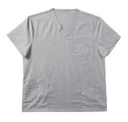 A grey men's scrub top featuring a V-neck design and multiple pockets. It has a logo on the fabric.