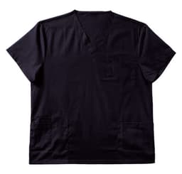 A men's scrub top in black, featuring a v-neck design and front pockets. Includes a logo on the fabric.