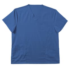 A men's scrub top in a vibrant blue colour with a pocket on the chest and two side pockets.