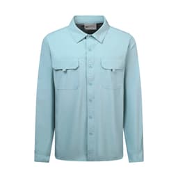 A light blue long sleeve outdoor shirt with two chest pockets and a branded label.