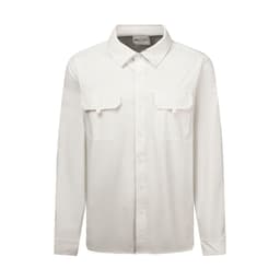 A long sleeve outdoor shirt in white with two front pockets and a logo.