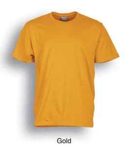 A gold plain cotton tee shirt with a classic crew neck and short sleeves. Features a logo on the label.