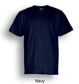 A navy plain cotton T-shirt featuring short sleeves and a crew neck design. It includes branding on the label.
