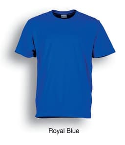 A plain royal blue cotton T-shirt with a crew neck and short sleeves, featuring a branding logo.