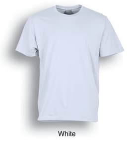 A plain white cotton tee shirt with a round neck and short sleeves, featuring a logo on the inner label.