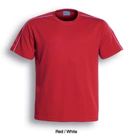 A red unisex round neck t-shirt with white detailing and short sleeves, featuring a logo.