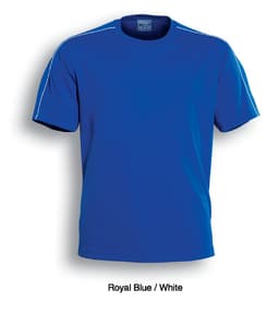 A royal blue and white unisex round neck t-shirt with short sleeves and a logo.
