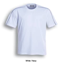 A white and navy unisex round neck breezeway tee shirt with short sleeves and contrasting side stripes.