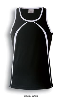 A black singlet with white detailing, featuring a fitted design and a logo. Suitable for casual wear.