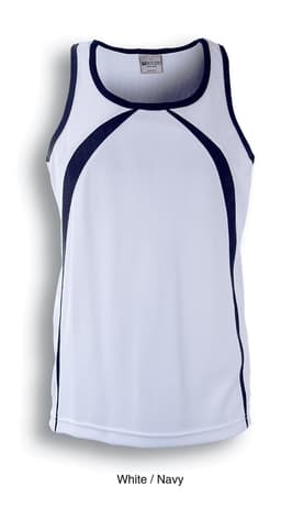 A white and navy singlet featuring mesh accents and a logo. Suitable for casual or active wear.