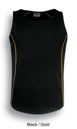 A black singlet with gold stitching and a logo on the front.