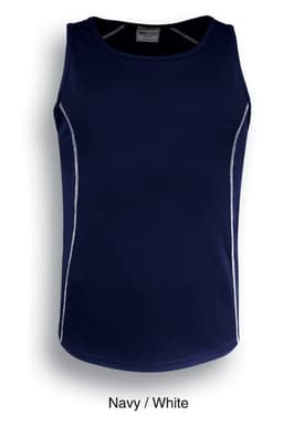 A navy and white men's singlet with contrasting stitching and a rounded hem. It features a branding logo.