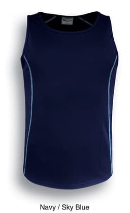 A navy singlet with sky blue detailing, featuring a simple design and a logo. Ideal for casual wear.
