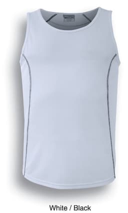 A men's singlet in white with black stitching details and a branding logo.