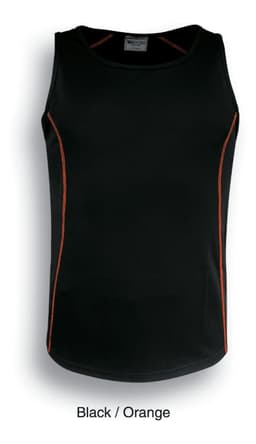 A black singlet with orange detailing and a logo, designed as a women's athletic top.