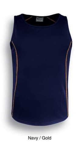A navy singlet featuring gold piping and a logo, designed for women.