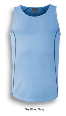 A sky blue ladies singlet featuring navy detailing and a logo.