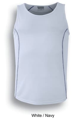 A white and navy singlet with stitching accents and a round neckline. It features a logo on the upper area.