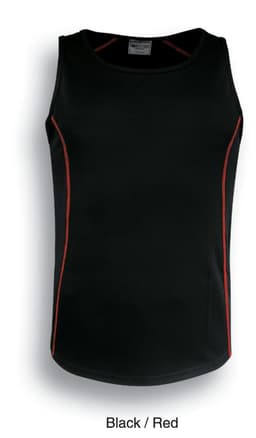 A black singlet with red accents and stitching, featuring a logo at the neckline.