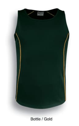 A bottle and gold singlet for kids featuring contrasting side stitching and a sleeveless design.