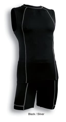 A black and silver men's performance tank top with sleeveless design and stitching detail. It has a logo.