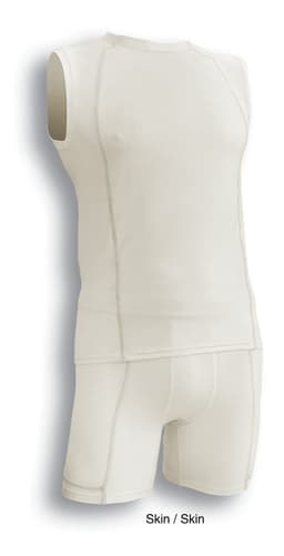 A men's performance tank top and shorts in a light skin colour, featuring a subtle logo.